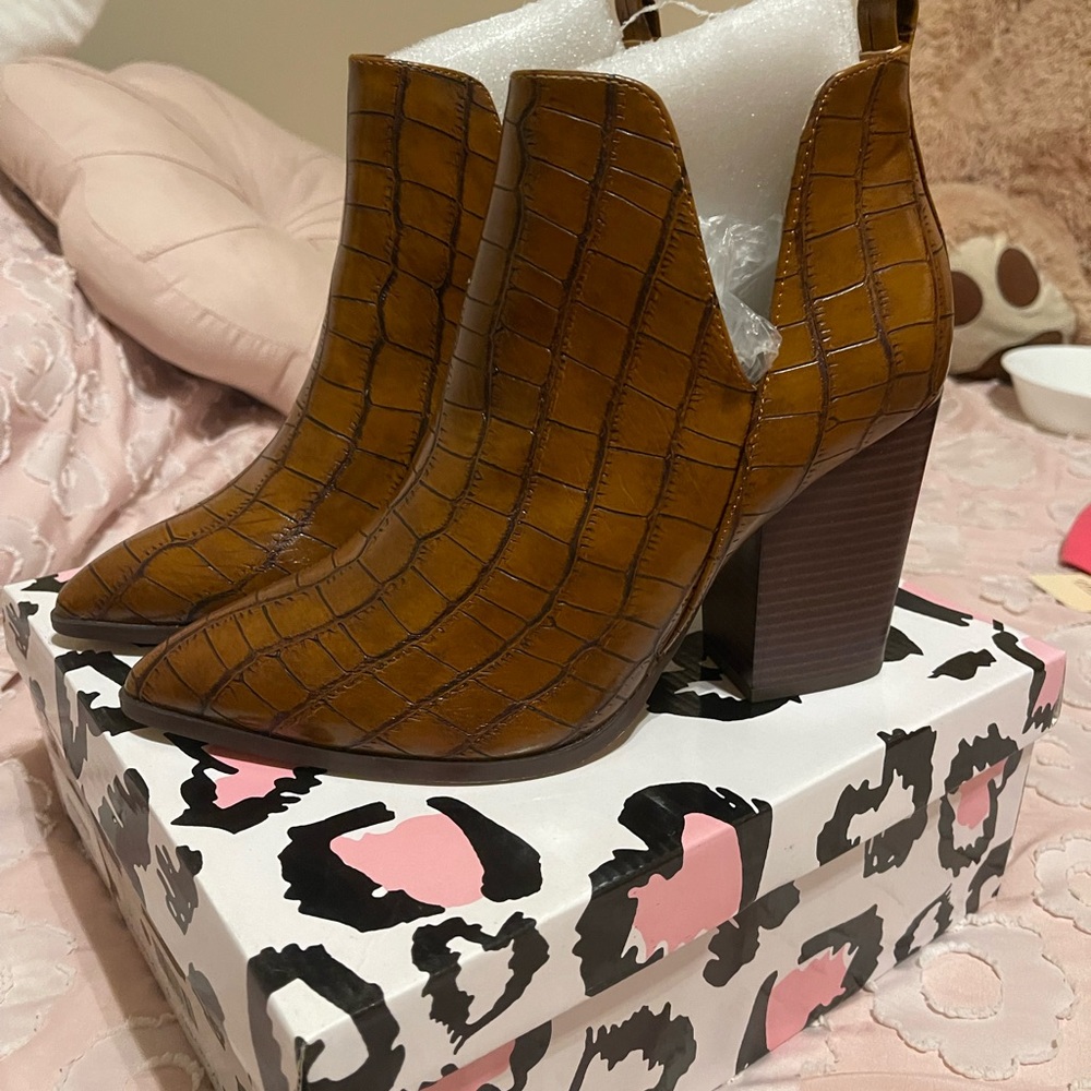 Celeste Tan Croc-Embossed Ankle Booties